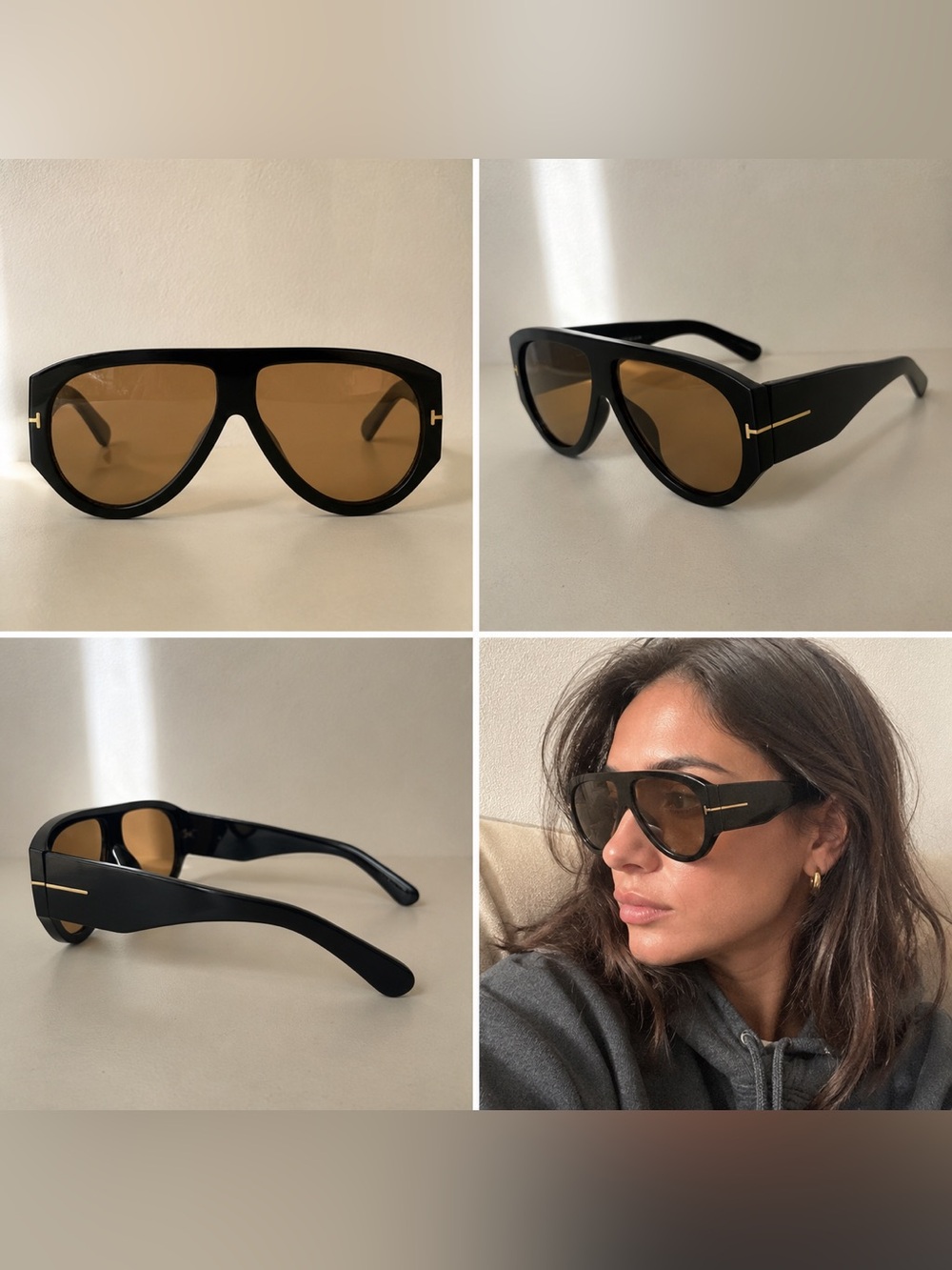 Oversized Black Frame Sunglasses Brown Tint Gold Detail Y2K - Picture 5 of 5